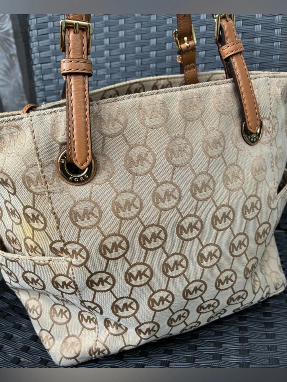 Michael Kors Tan Beige MK Logo Canvas Tote with Leather Straps